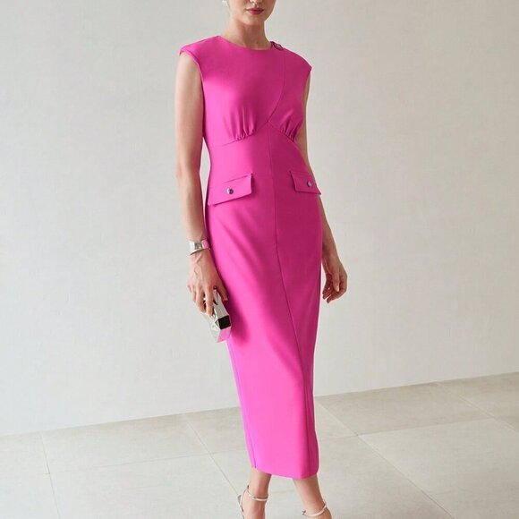 Hot Pink Elegant Women's Flap Detail Split Hem Cap Sleeve Dress - Picture 6 of 7